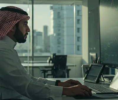 person-traditional-saudi-attire-working-desk-multiple-screens